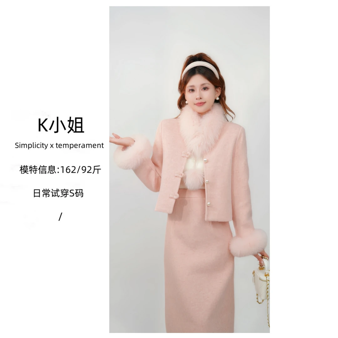 K小姐【海棠花未眠】冬季新款狐狸毛羽绒小香风两件套装预Q4TZ8361A