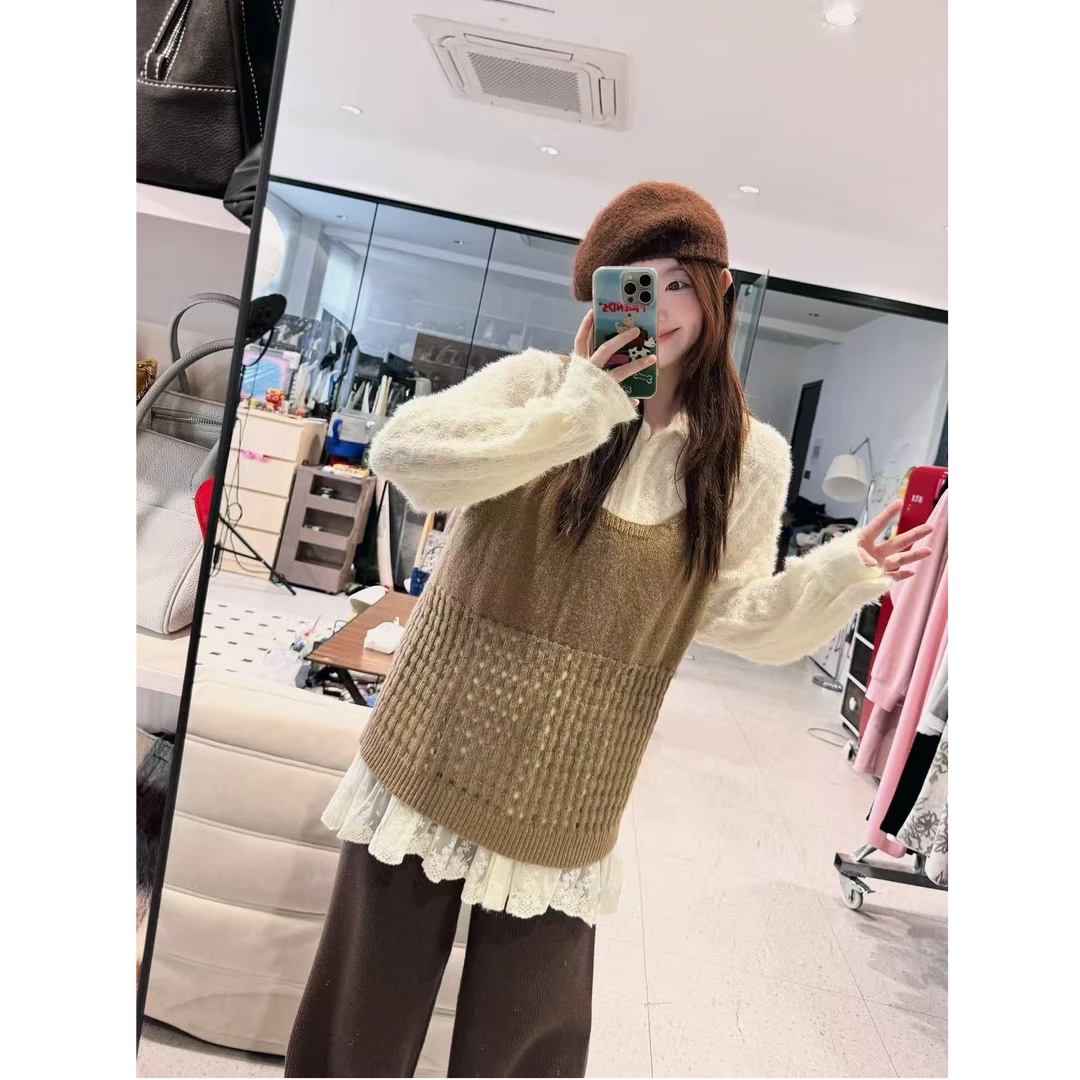 晶咕【韩女法则！】针织镂空吊带上衣+下摆拼蕾丝边翻领绒毛感衬衫