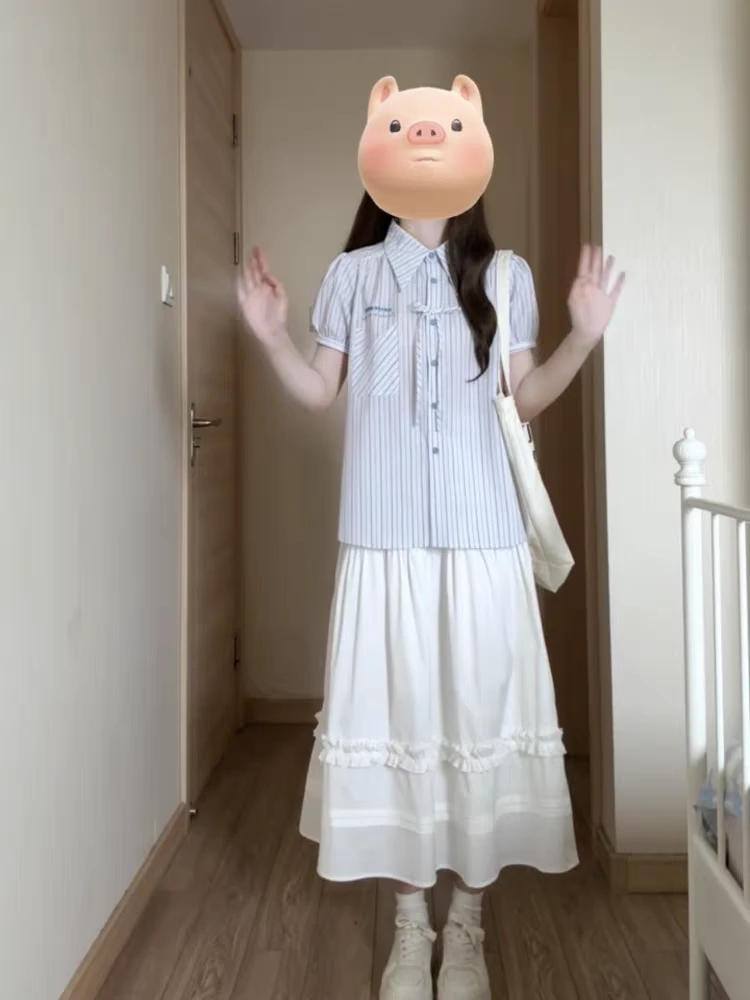 大码夏日学院风短袖衬衫半身裙两件套微胖显瘦夏季套装5868#