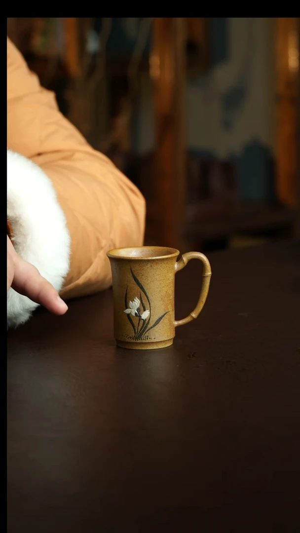茶杯紫砂7号  柴烧兰花把杯 宜兴紫砂原矿作品