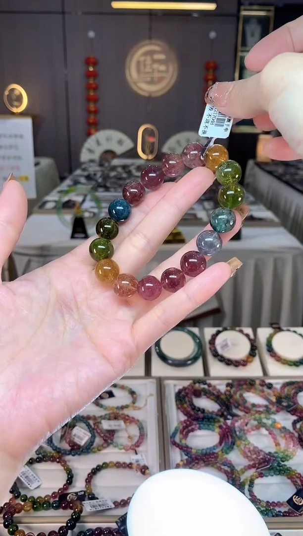 未镶嵌冰透体老矿碧玺彩虹单圈手串12mm+碧玺dan多样性发货一条