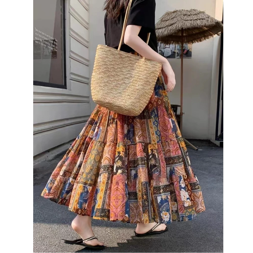碎花高级感半身裙女秋季2025新款波西米亚度假风雪纺裙a字拼接裙