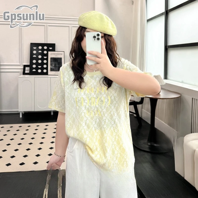 gpsunlu大码显瘦气质女装甜美蕾丝绣花短袖印花宽松蕾丝短袖上衣