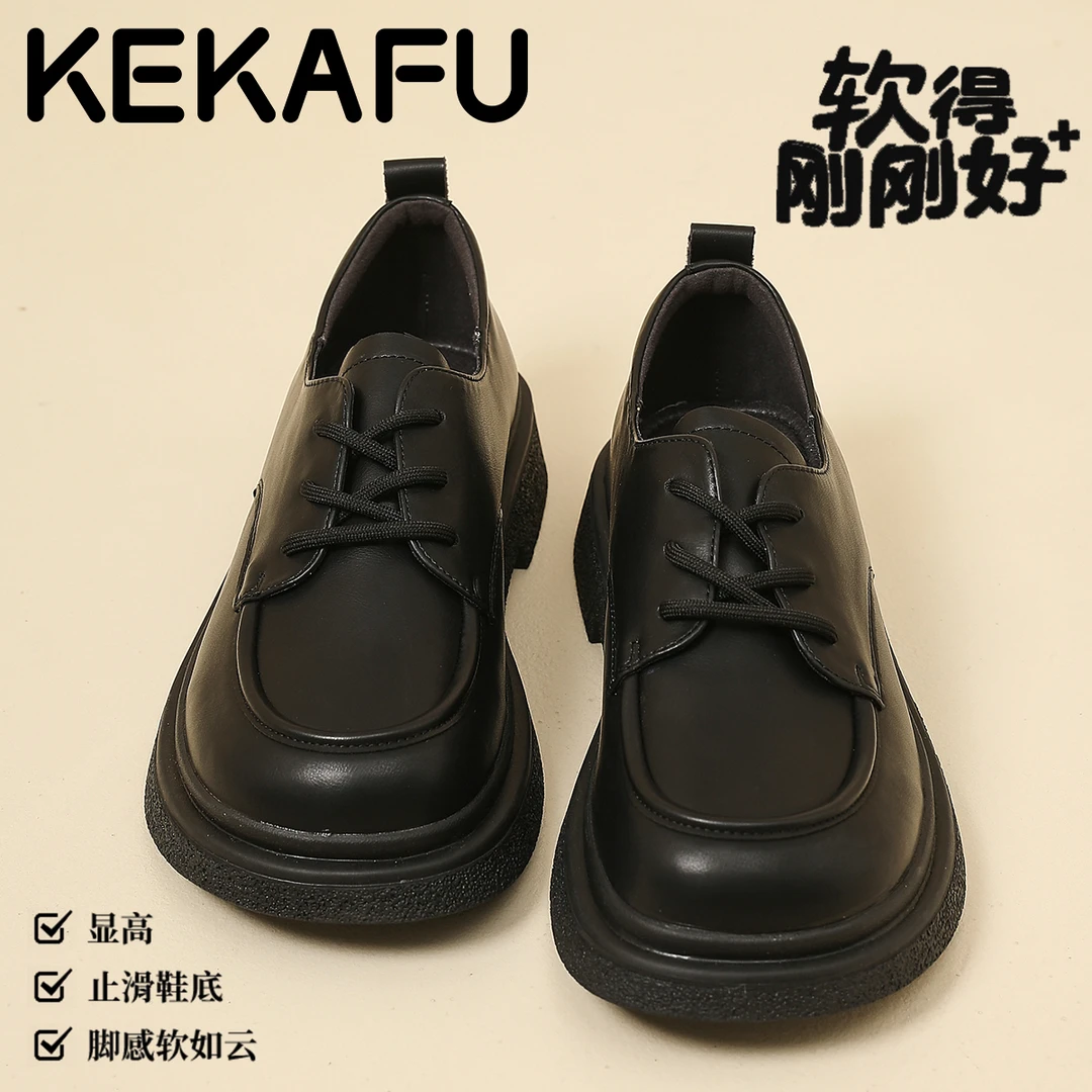 珂卡芙不累脚软底黑色单鞋2025秋季新款英伦风小皮鞋系带乐福鞋女