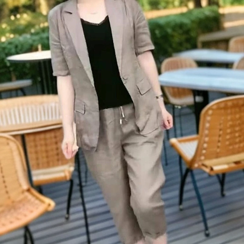 【大爱美依缘】新款时尚气质百搭两件套西服领短袖外套七分裤显瘦