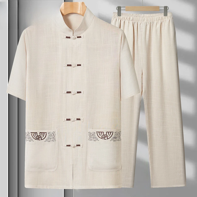 【加肥加大】唐装男棉麻短袖套装夏装中老年爷爷汉服爸爸中国风男装