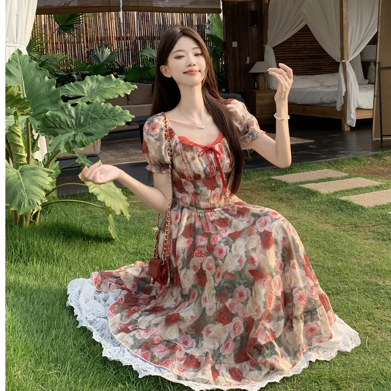 大码法式复古油画风花朵印花连衣裙女夏季胖mm收腰显瘦气质长裙子