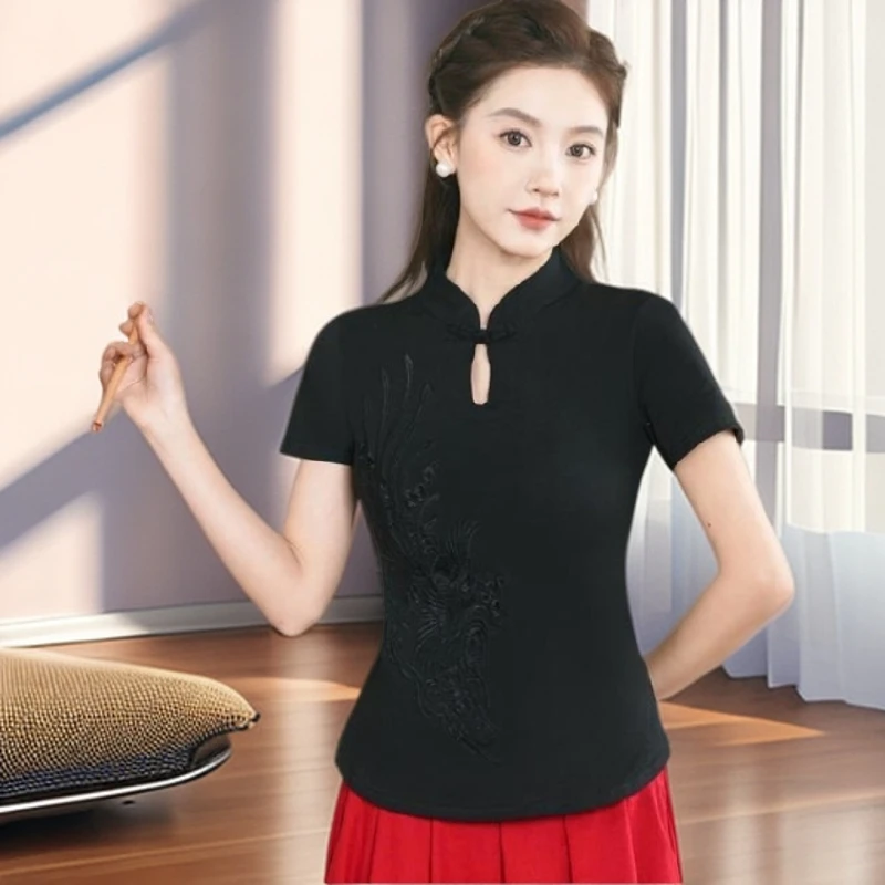 【雅岚女装】时尚洋气显瘦新款民族风女装复古盘扣立领短袖T恤气质