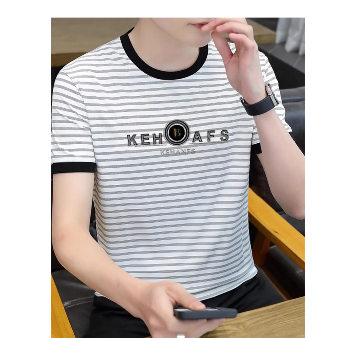 圆领条纹男士短袖t恤高质感丝光棉个性烫钻体恤衫休闲半袖上衣T薄