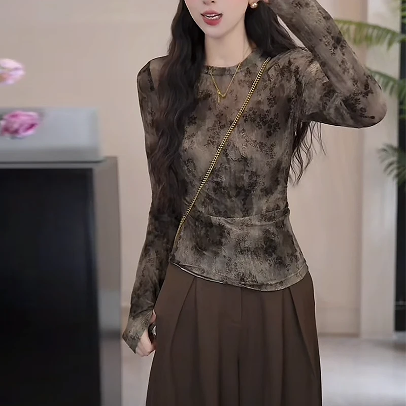 【水木明瑟】早秋新款千金风修身印花圆领上衣打底衫女潮流洋气时尚