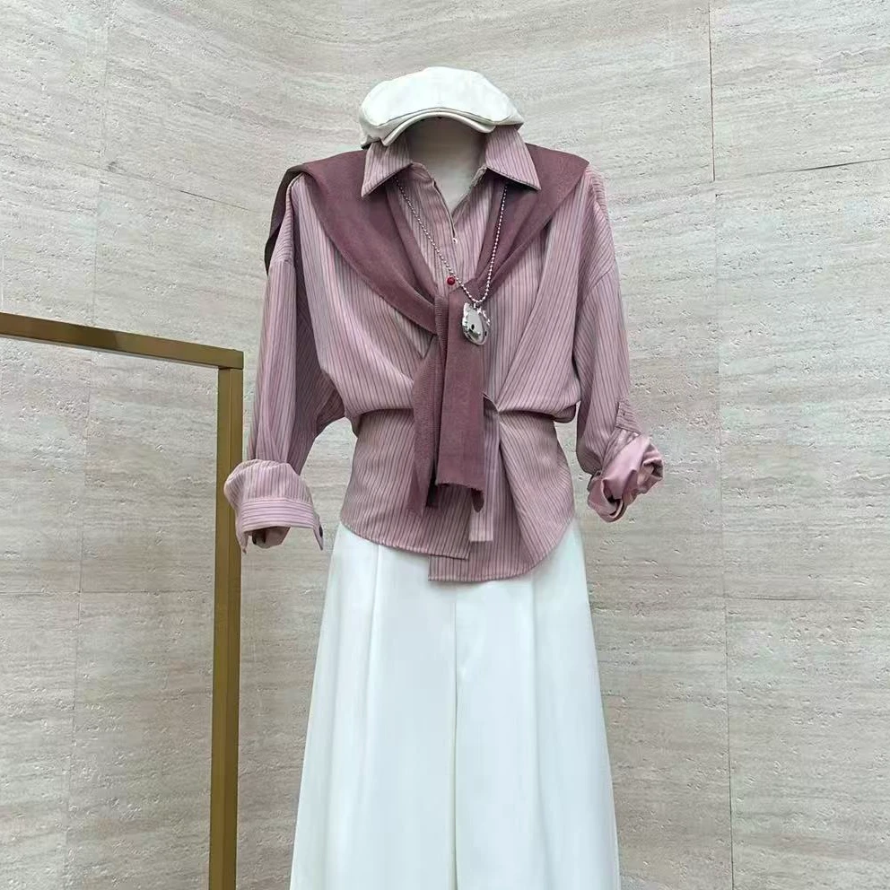 【蔓粉风情】法式不规则条纹披肩气质上衣-8533