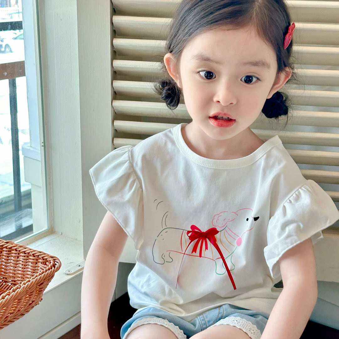 现货【蝴蝶结小狗T】纯棉5396夏装女童T恤甜美时尚短袖女宝百搭上衣