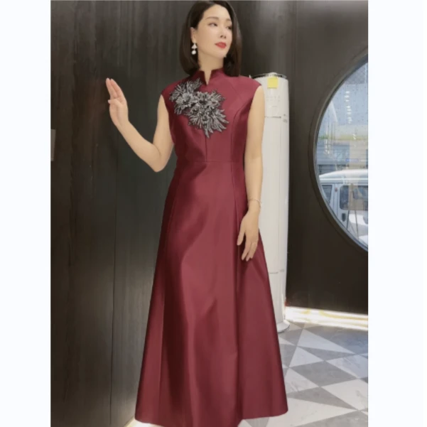5264-10梦娇喜妈妈喜婆婆ins连衣裙礼服显瘦气质红色婚宴婚礼长款
