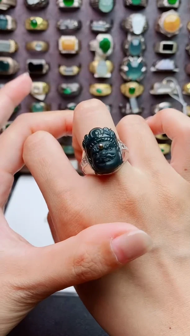 银S925镶嵌戒指翡翠天然翡翠男戒