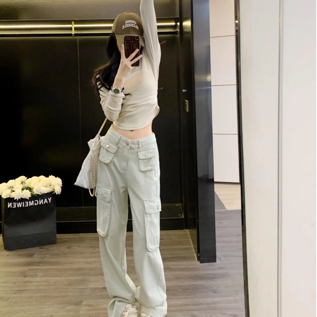 长袖t恤打底衫女秋季设计感小众修身显瘦短款上衣高腰复古工装裤