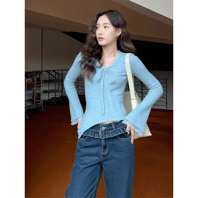 针织衫女士春季新款V领长袖显瘦拼接蕾丝设计感百搭辣妹风T恤上衣