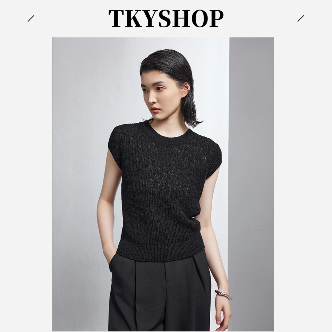 TKYSHOP时尚极简圆领镂空线套衫黑色背心梦幻通勤风 10H1LA01M023