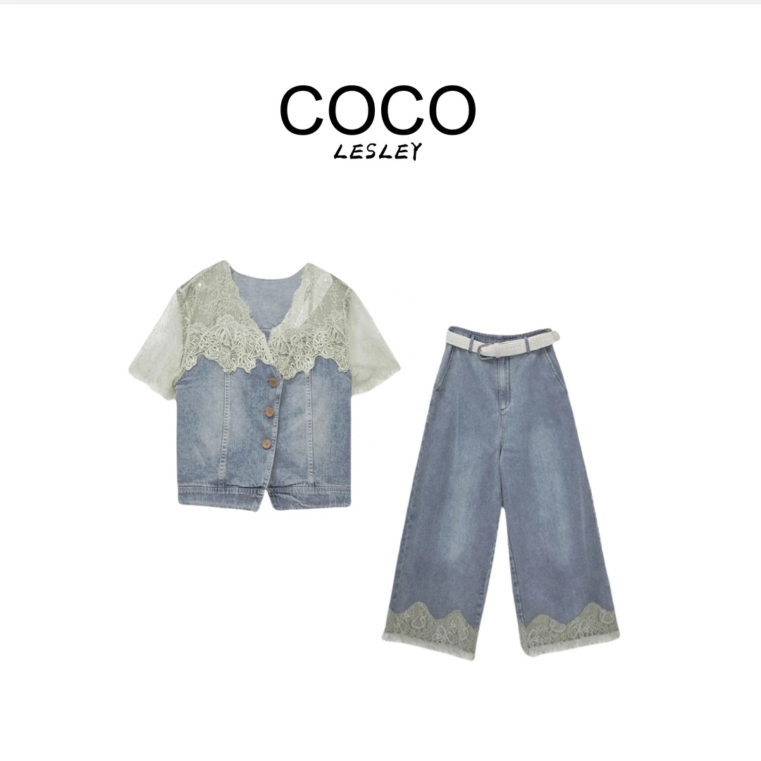 拼接蕾丝短袖+高腰阔腿牛仔长裤套装msl248