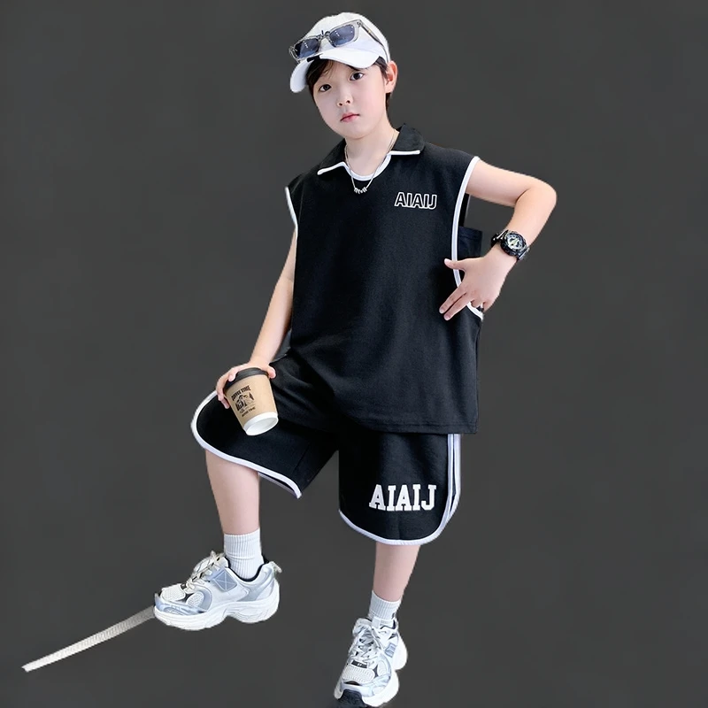 男童黑色无袖套装套装夏季6-12岁儿童背心夏款中大童薄款休闲男孩