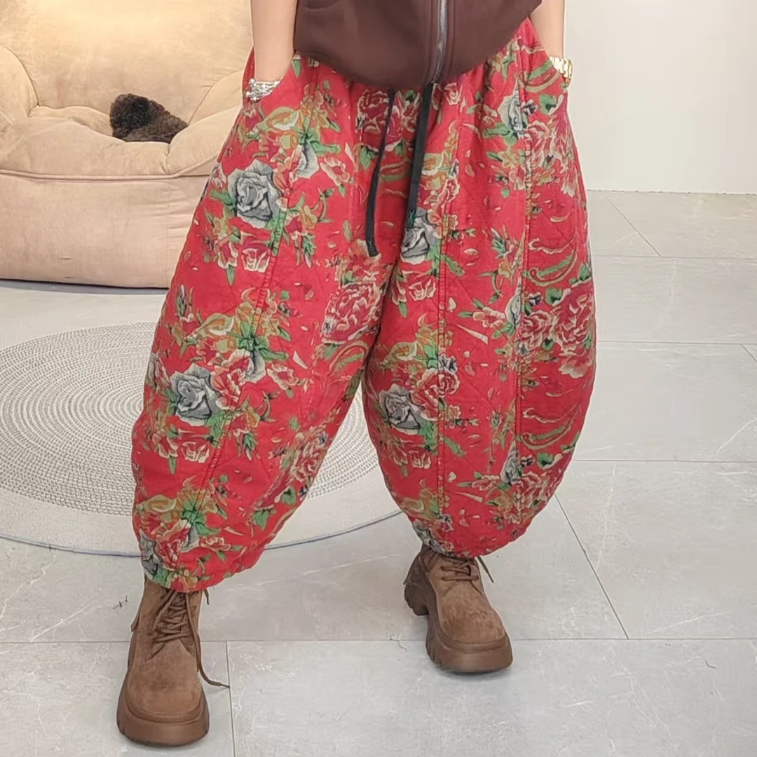 25586-1（飞儿同款）大花休闲裤夹棉加厚棉麻2026冬季新款女裤