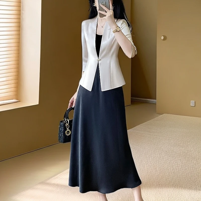 连衣裙女春夏黑色长款打底裙吊带裙气质名媛高级感工服洋气裙无袖