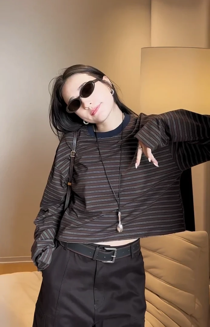 2025秋冬新款时髦减龄撞色条纹宽松显瘦慵懒松弛感长袖T恤上衣女