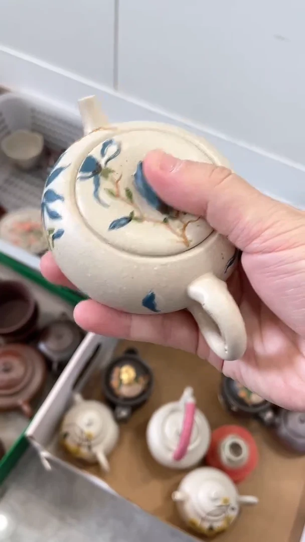 茶壶紫砂白泥蓝色玉兰花壶