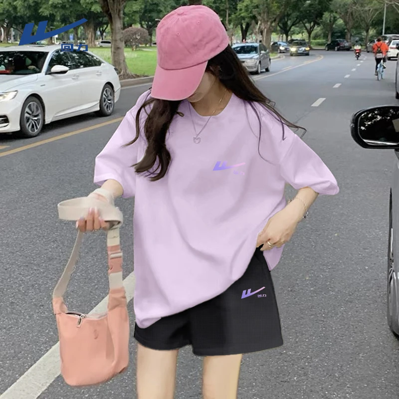回力夏季正肩圆领短袖短裤套装宽松显瘦舒适休闲运动服套装两件套