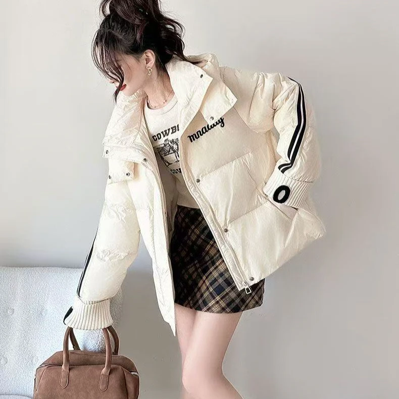 2025字母两道杠羽绒服五防拼接休闲百搭连帽保暖网红秋冬潮流宽松