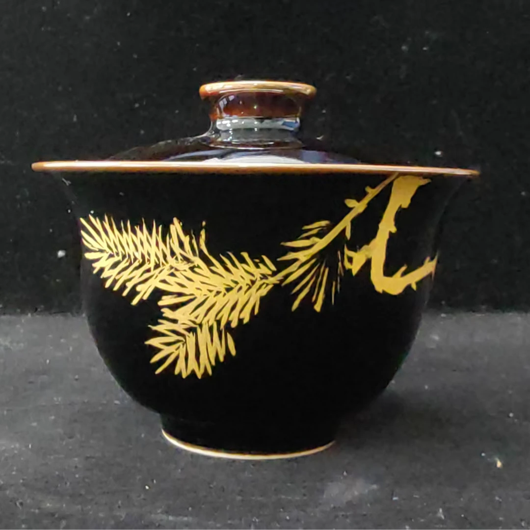 精品定窑黑釉描金茶杯黑色手绘手工中式