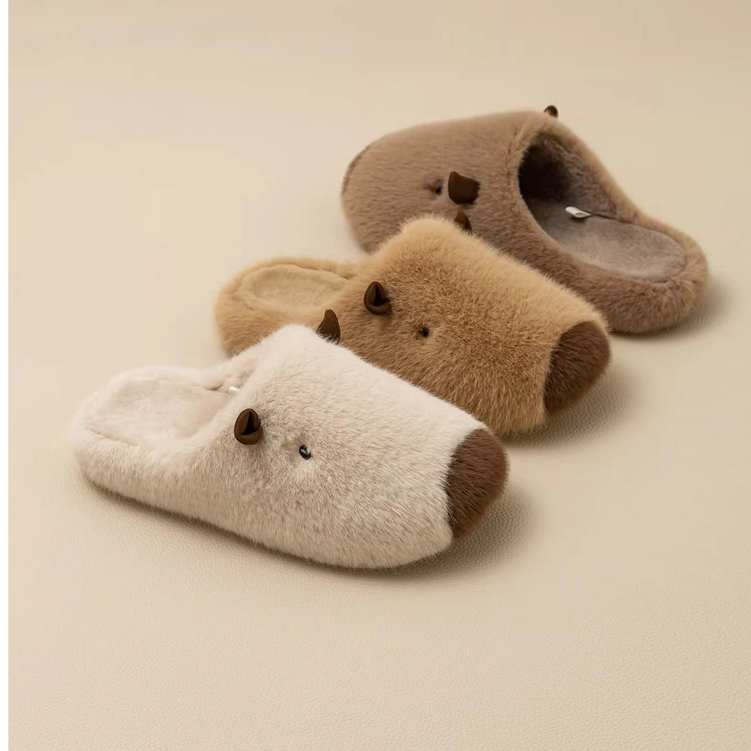 可爱卡皮巴拉棉拖鞋秋冬季女居家用毛毛绒保暖室内厚底防滑半拖鞋