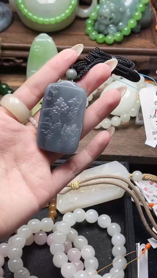 吊坠(不含链)未镶嵌和田玉墨玉青花 山水牌9014528