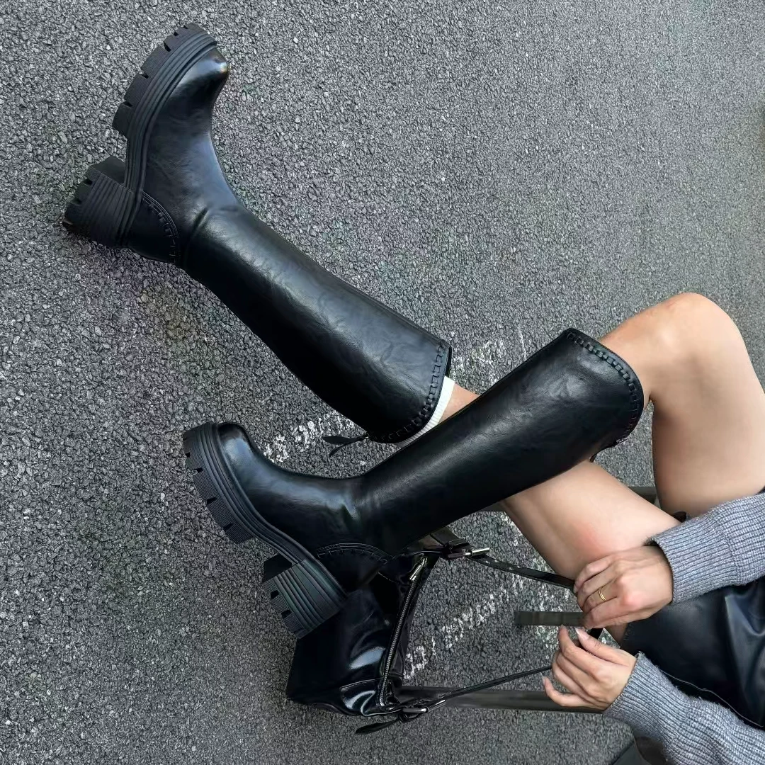 高筒靴马丁靴骑士百搭过膝厚底时装靴秋冬冬季925-18