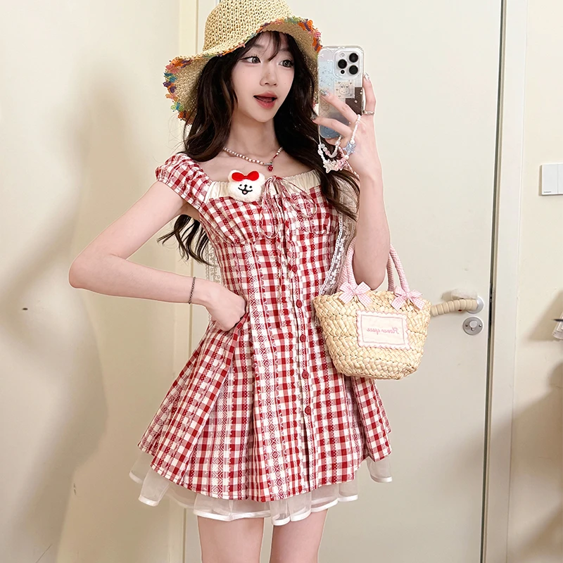 冰莓物语 织物猪原创 甜美可爱格子连衣裙女夏季红色收腰蓬蓬裙撑