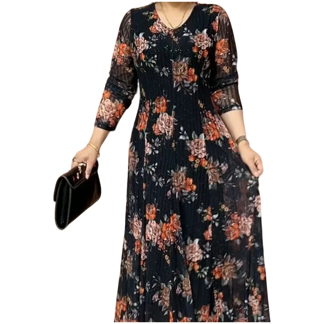 早秋弹力显瘦长袖气质妈妈装台湾纱大摆连衣裙