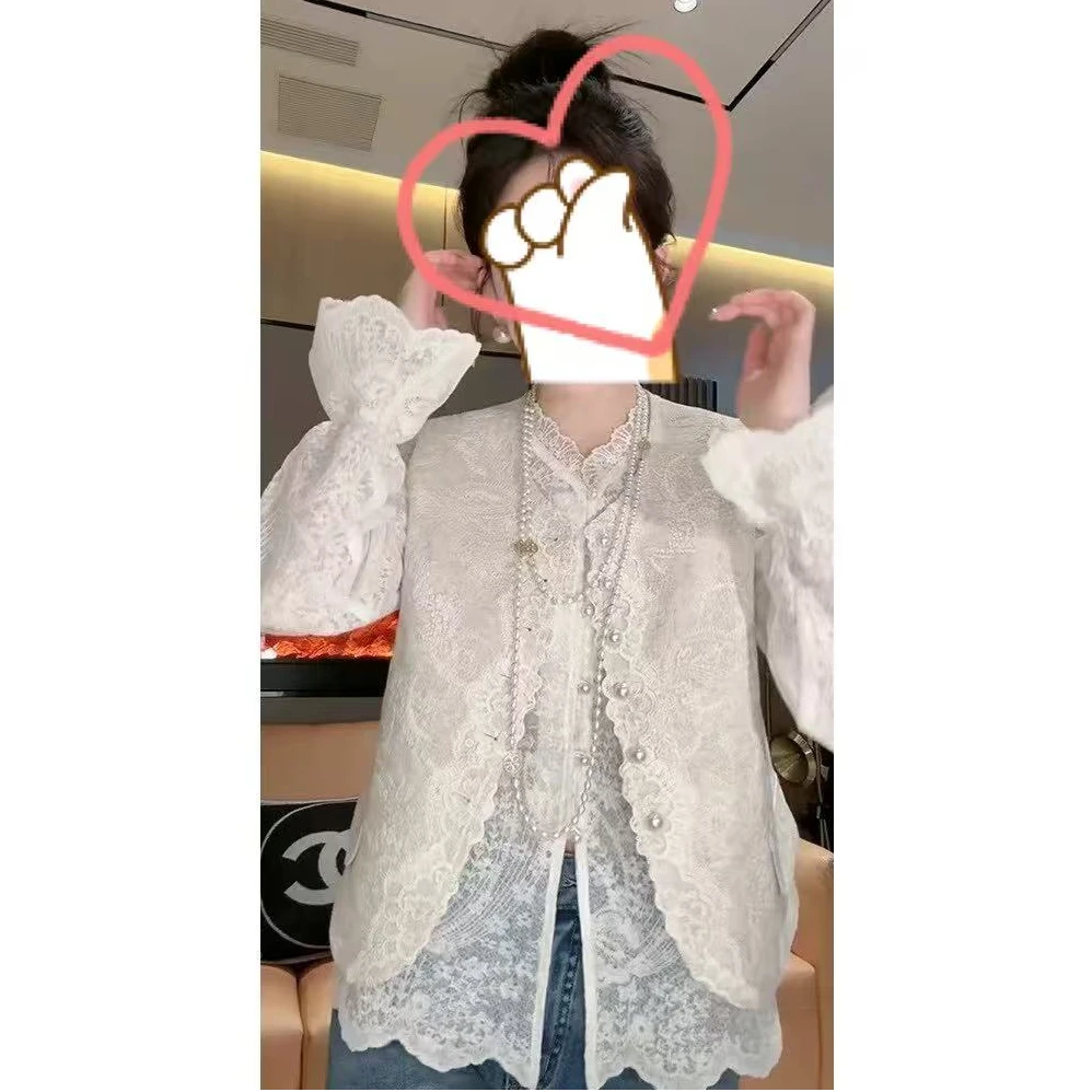 添禧家：早春新款时尚蕾丝马甲+蕾丝喇叭袖两件套S