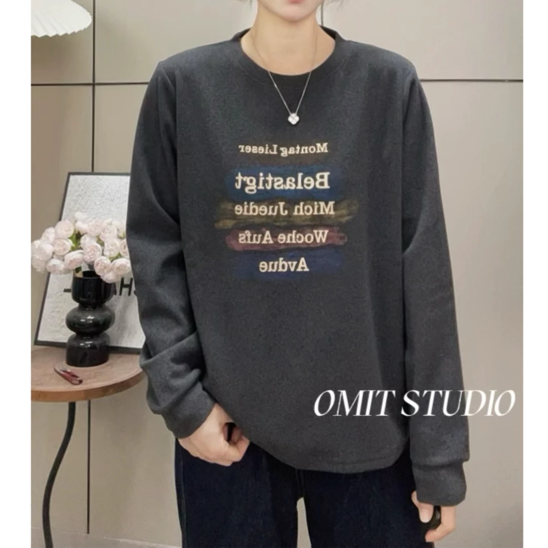 【彩绘英文】新款休闲百搭秋冬双面磨毛加厚印花正肩保暖长袖