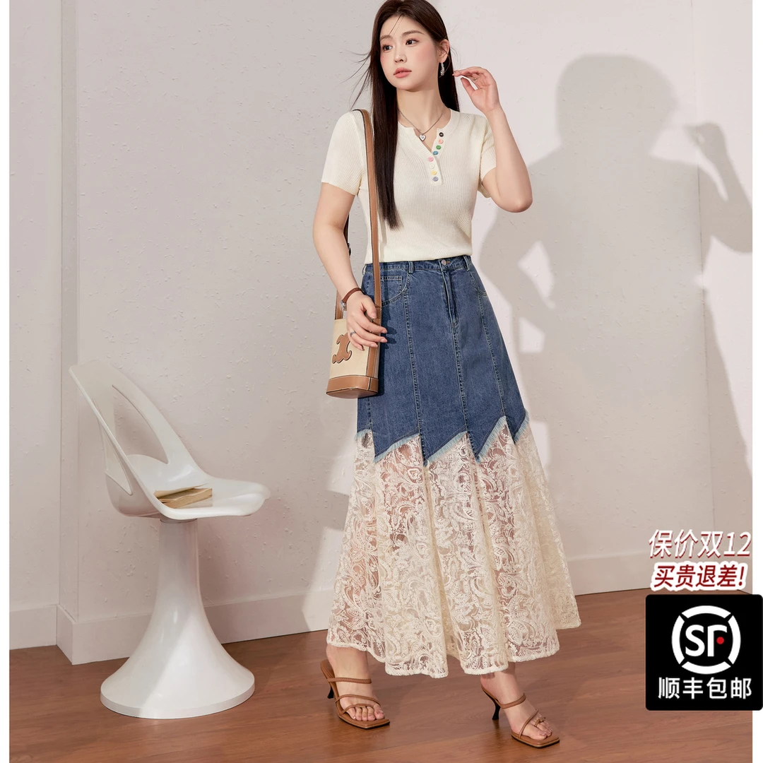 蓝语大码女装短袖上衣设计感蕾丝拼接牛仔半身裙夏季套装08020