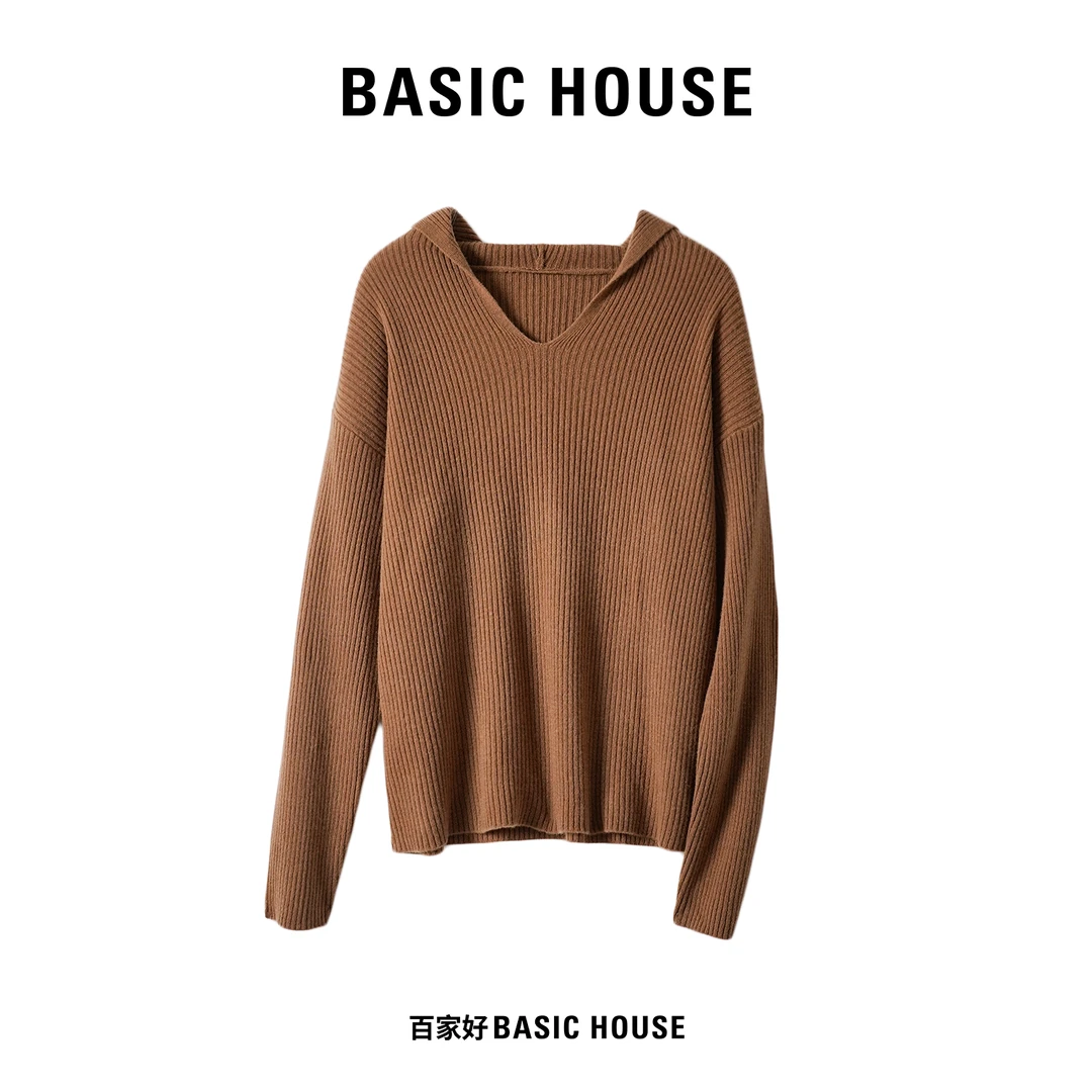 Basic House/百家好2024年新款V领热力感连帽针织衫56472 MMQC