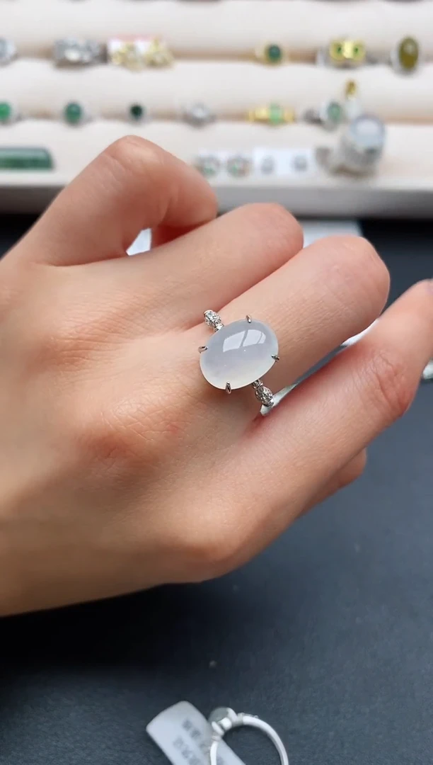 银S925镶嵌戒指翡翠缅甸天然A货翡翠444  4-