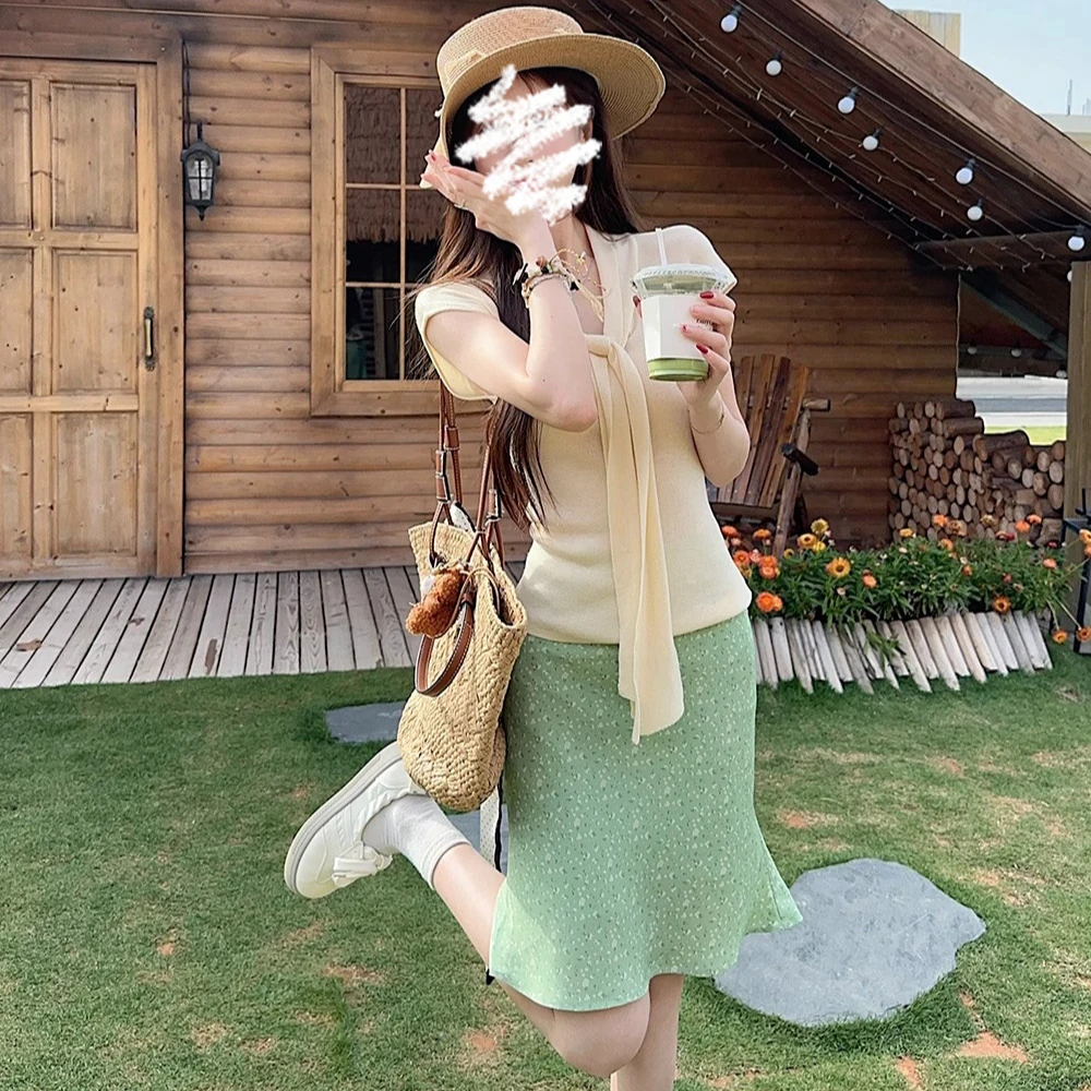 法式披肩飘带短袖针织衫女夏季修身上衣碎花高腰半裙