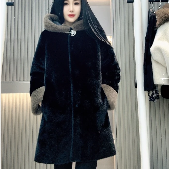 【岳岳专属】中长咖帽条中长毛毛外套