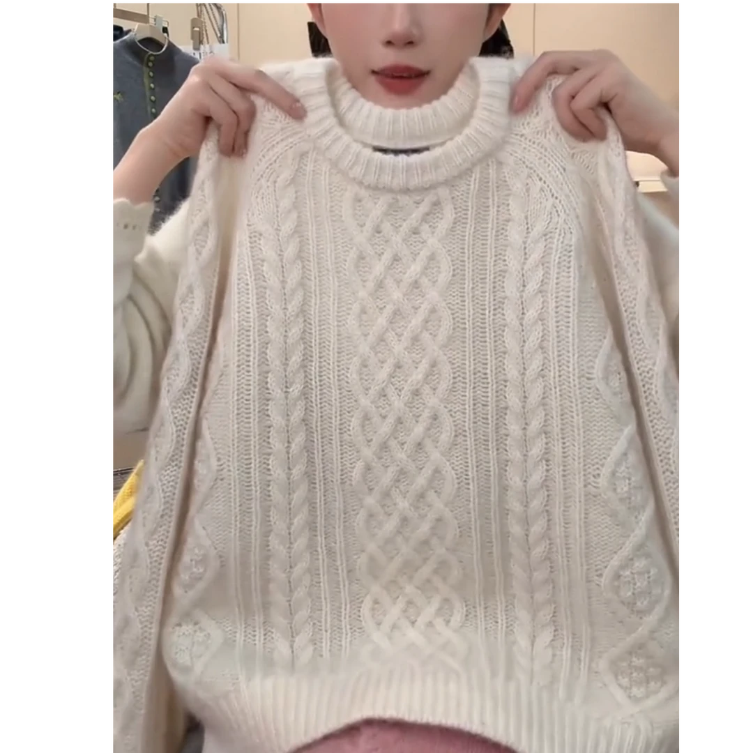 欧货温柔慵懒风杏色麻花绞花纹套头毛衣女2025秋冬新款长袖加厚