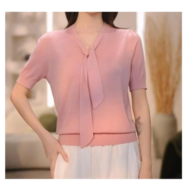 2025夏日新款针织衫时尚亮丝女生飘带气质百搭