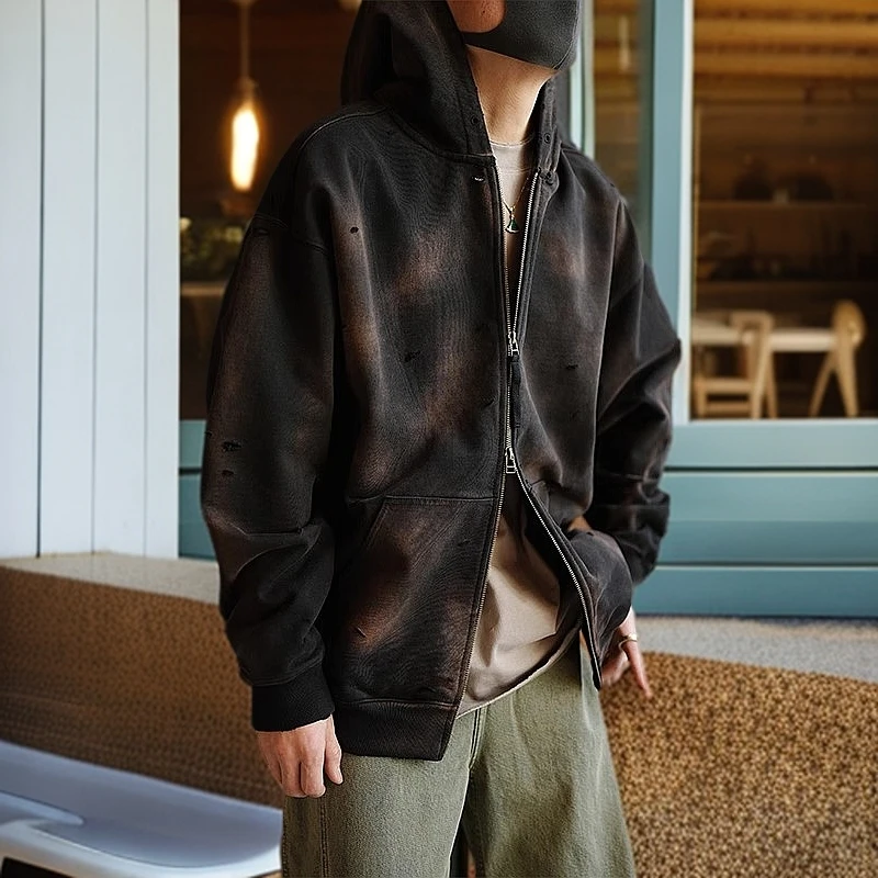 美式复古重工废土风破洞连帽卫衣男春秋潮流新款扎染做旧休闲开衫
