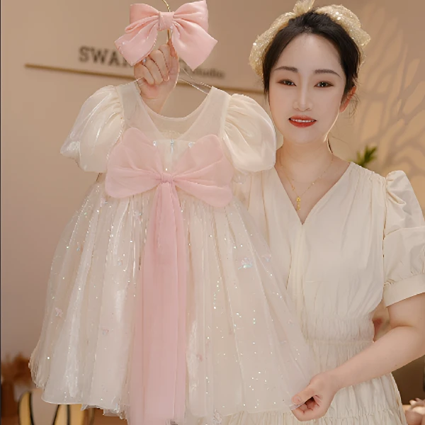 （现货）【Y.Y9550】新款夏季女童泡泡袖亮片公主裙小女孩生日礼服裙