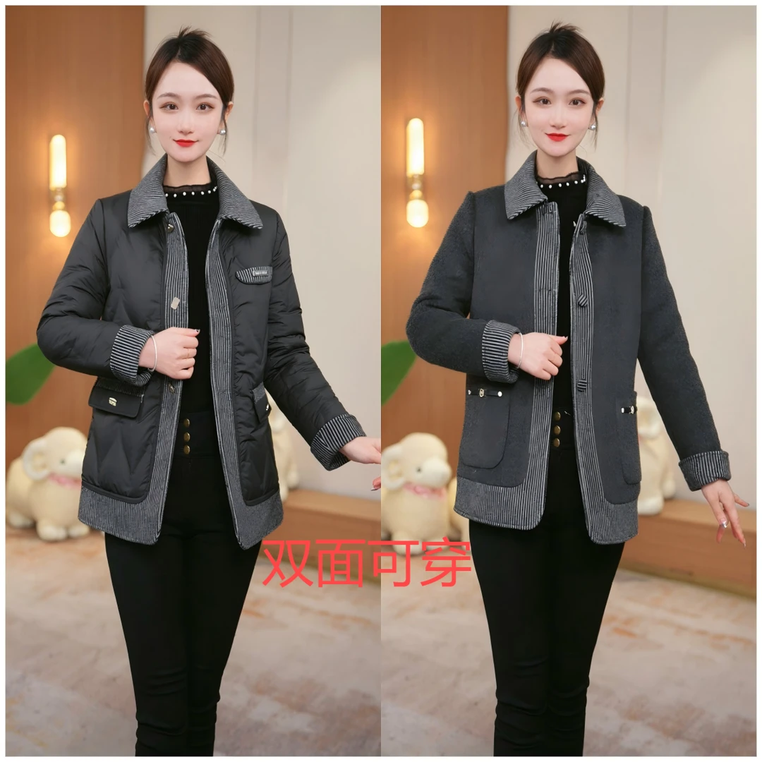 【直播专享】秋冬羽绒服鸭绒大衣羊毛中老年外套女装加厚双面可穿