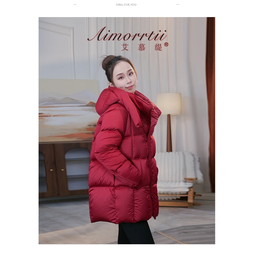 26新款珠光缎面95新国标白鹅绒服【帽子可拆卸】中长款羽绒服YR837