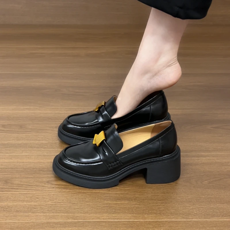 Manobellen 6cm/通勤百搭真皮乐福鞋女粗高跟黑色小皮鞋上班单鞋