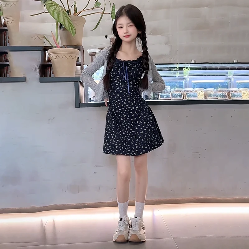 女童套装法式收腰碎花吊带裙薄款长袖防晒开衫两件套2025夏儿童新